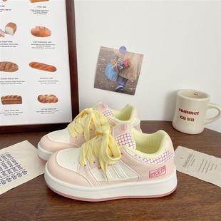 学生透气小白鞋 粉色厚底板鞋 chic小众设计面包鞋 新款 子 女运动夏季