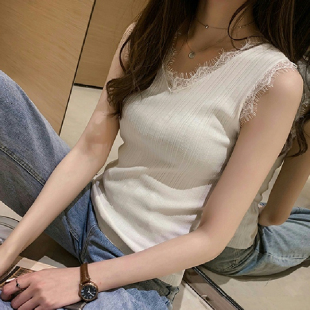 冰丝针织吊带背心女夏外穿新款 上衣潮 白色蕾丝拼接打底衫 内搭无袖