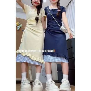 韩系穿搭甜美假两件连衣裙女不规则抽绳收腰纯欲挂脖长裙 春夏新款
