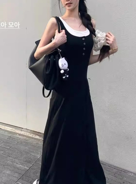 黑色撞色假两件吊带连衣裙子女夏季小个子高级感收腰显瘦气质长裙