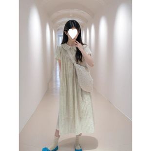 连衣裙 大码 女装 微胖mm夏季 日系复古宽松遮肉显瘦格子娃娃领泡泡袖