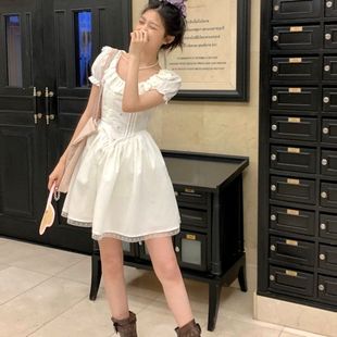 法式 甜美圆领显胸气质优雅辣妹短裙女 纯欲蕾丝显瘦短袖 连衣裙时尚