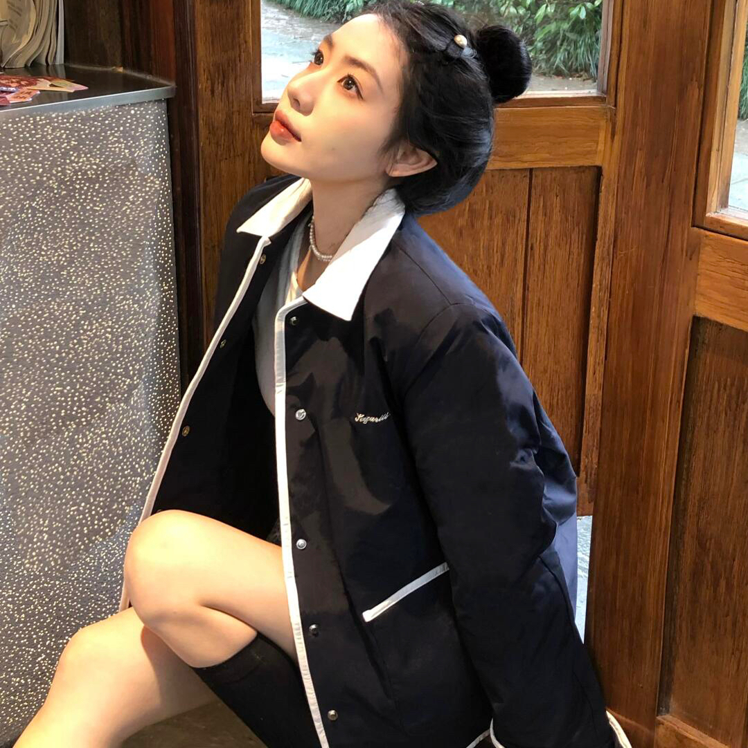 25新款冬款简约百搭小香风复古撞色翻领棉服女运动休闲情侣外套女