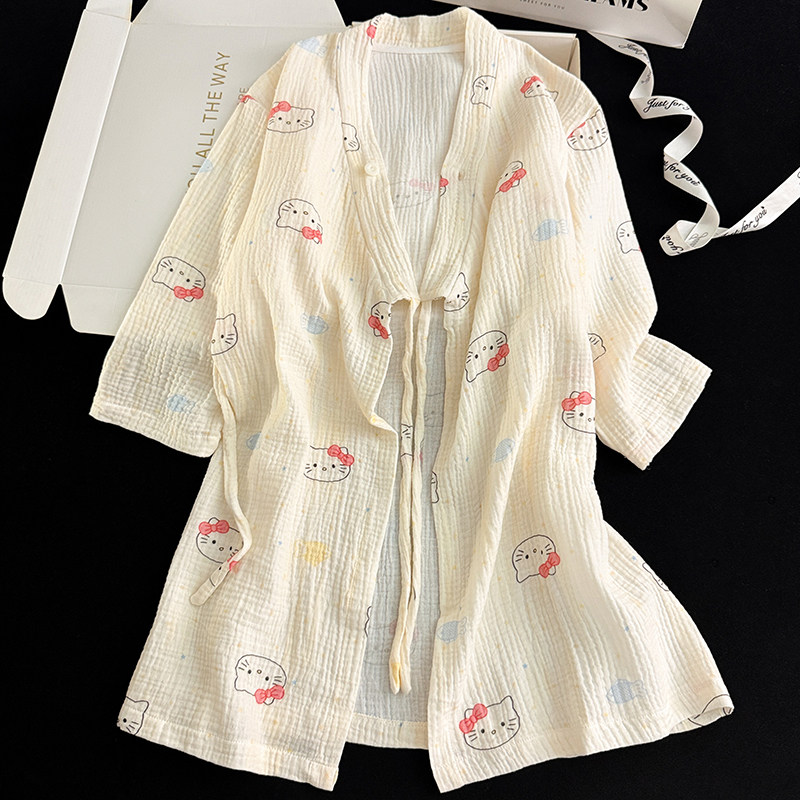 儿童女童棉纱和服睡袍春秋KT猫印花系带双层纯棉中大童居家浴袍