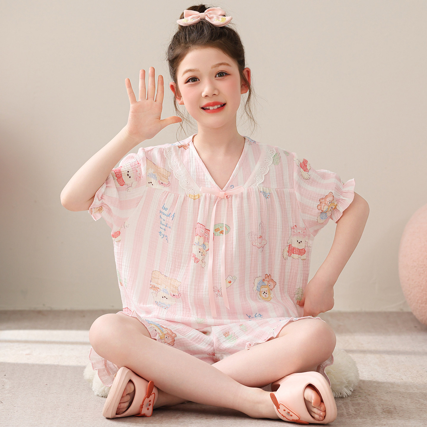 夏季女童纯棉双层纱短袖睡衣套装