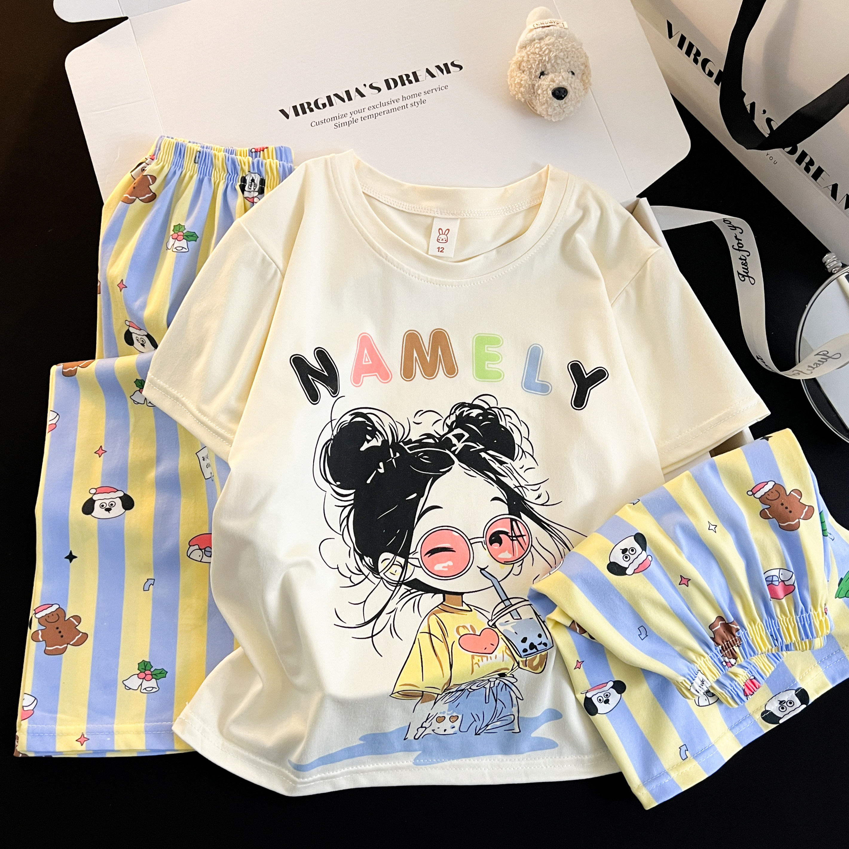 新款女童夏季薄款棉质睡衣三件套