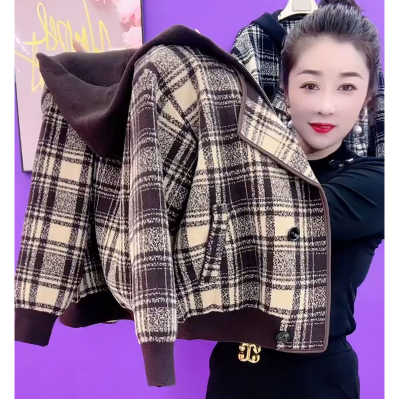 小香风针织仿双面呢短外套2024秋冬装新款连帽格子拼接假两件开衫