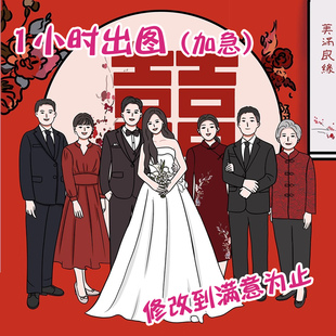 再见老张婚礼手绘画头像定制卡通全家福集体合照代画动漫画像Q版