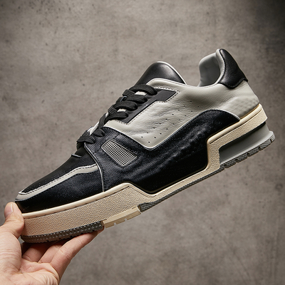 欧洲站2025秋季新款男鞋真皮拼接时尚潮牌休闲鞋系带厚底运动板鞋