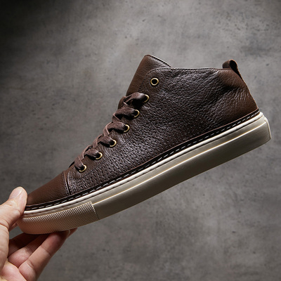 欧洲站2025夏季新款高帮男鞋真皮透气英伦复古系带休闲鞋平底板鞋