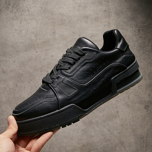 欧洲站秋季新款男鞋真皮黑色复古百搭运动休闲鞋厚底增高系带板鞋