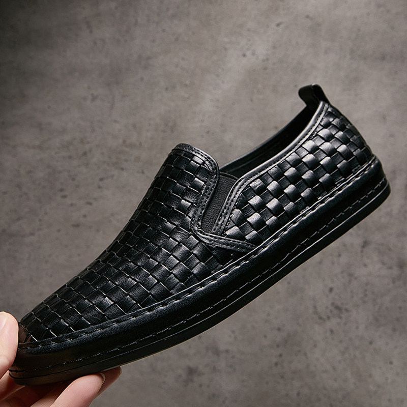 2026秋季新款男鞋真皮透气黑色套脚懒人乐福鞋牛皮手工编织板鞋男