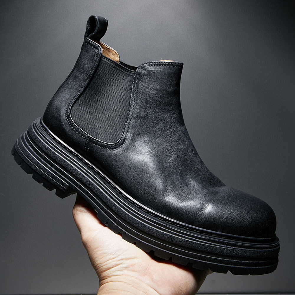 欧洲站2026冬季新款短靴男真皮加绒厚底切尔西靴复古黑色马丁靴男