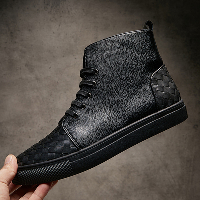 欧洲站秋季新款高帮男鞋真皮黑色复古系带工装靴牛皮编织高端板鞋