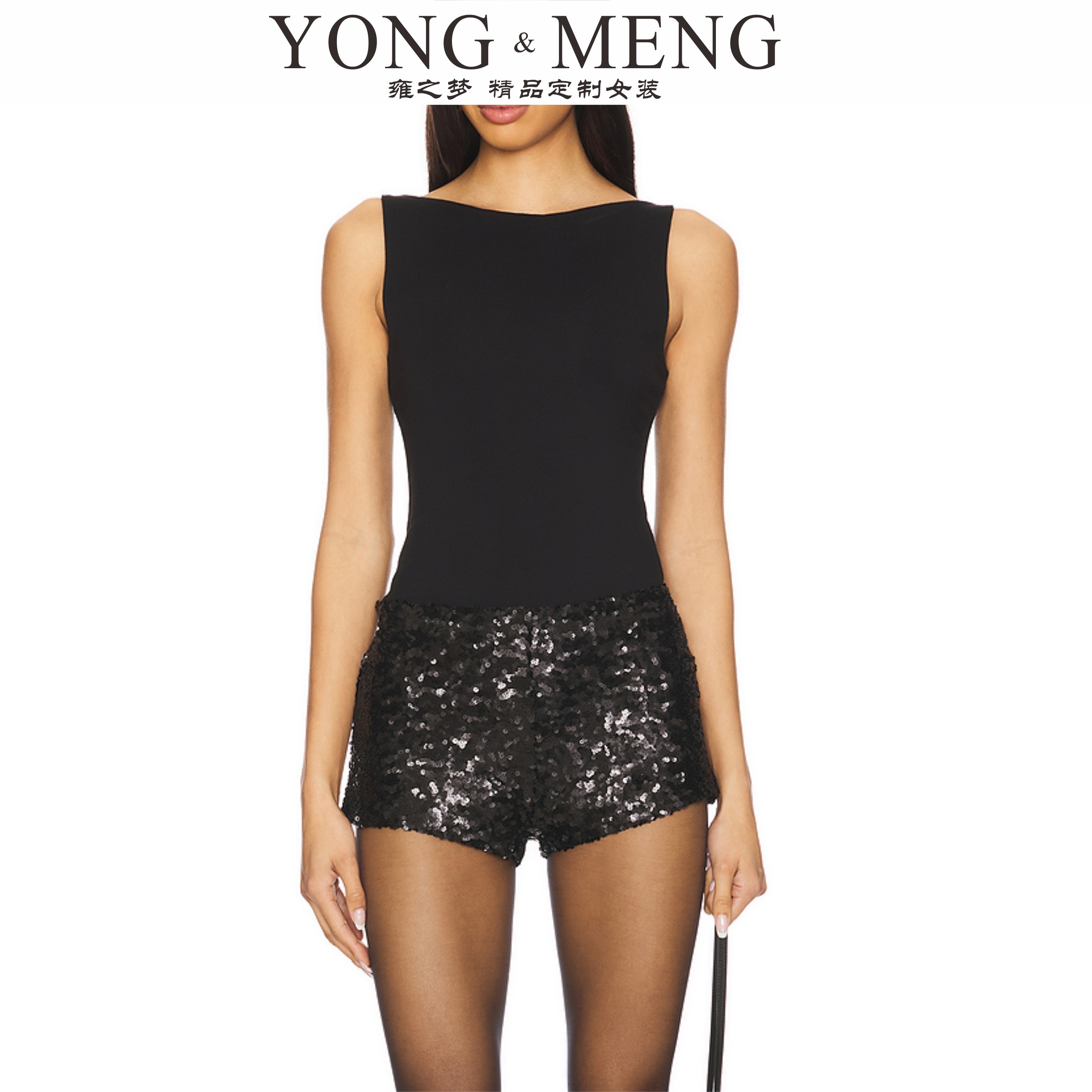 黑色亮片夜店辣妹风高腰短裤