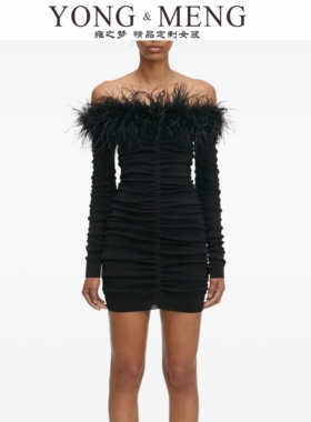 黑色羽毛一字肩打底毛衣连衣裙女长袖名媛小礼服御姐风显瘦气质裙