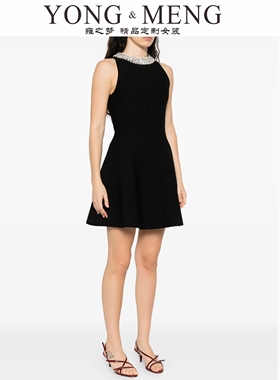 黑色镶钻领高腰显瘦A字裙优雅赫本风法式复古收腰小黑礼服连衣裙