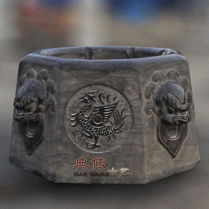仿古石雕四方神兽狮子头老井口天然青石做旧石头井口台庭院古井圈