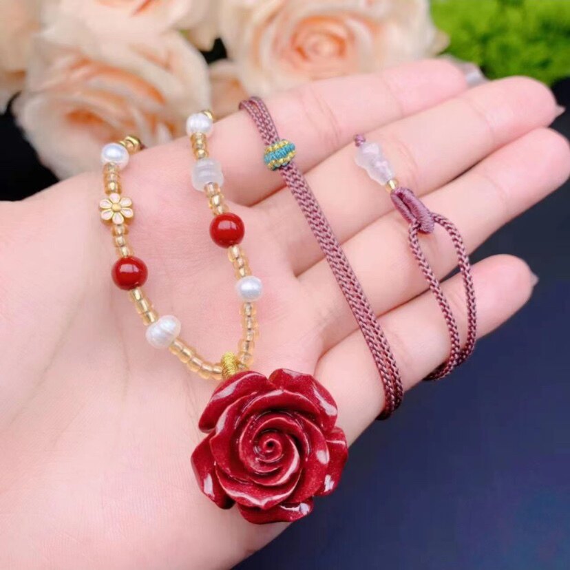 天然朱砂玫瑰花项链女紫金砂吊坠女款甜美本命年不掉色女饰品