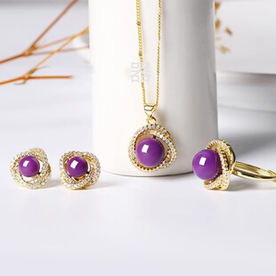 紫云母戒指镶嵌鸟巢吊坠3件套防辐射大颗粒水滴耳钉戒指送链子