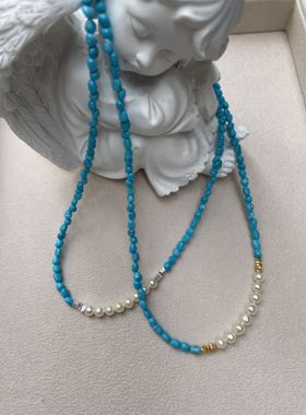 亚利桑那州天然睡美人绿松石配阿古屋天然珍珠串珠项链锁骨项链