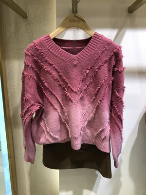 InShop女装正品2024年新款V领粉色套头毛衣针织衫0124E21090-338