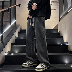 粗抽绳牛仔裤秋季潮牌美式宽松直筒阔腿裤复古高街休闲裤N808P40图片