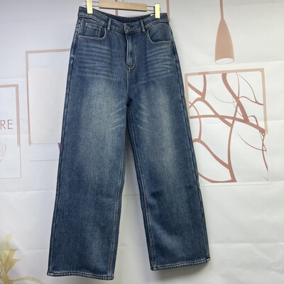 水木工芳2025冬时尚牛仔裤女高腰显瘦加绒复古宽松长款阔腿裤9161