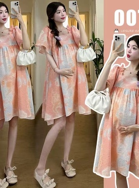 孕妇装韩版夏季薄款方领泡泡袖裙子大码洋气减龄显瘦通勤风连衣裙