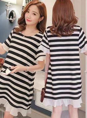 孕妇装夏季中长款宽松条纹短袖孕妈妈遮肚子显瘦外穿a字潮连衣裙
