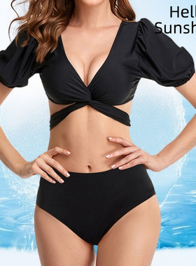 2026新款欧美性感紧身比基尼黑色分体泳衣高弹泡泡袖泳装温泉海边