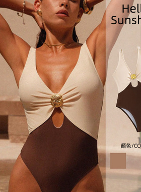 2026新款欧美性感棕色锦纶撞色吊带连体泳衣比基尼bikini温泉沙滩