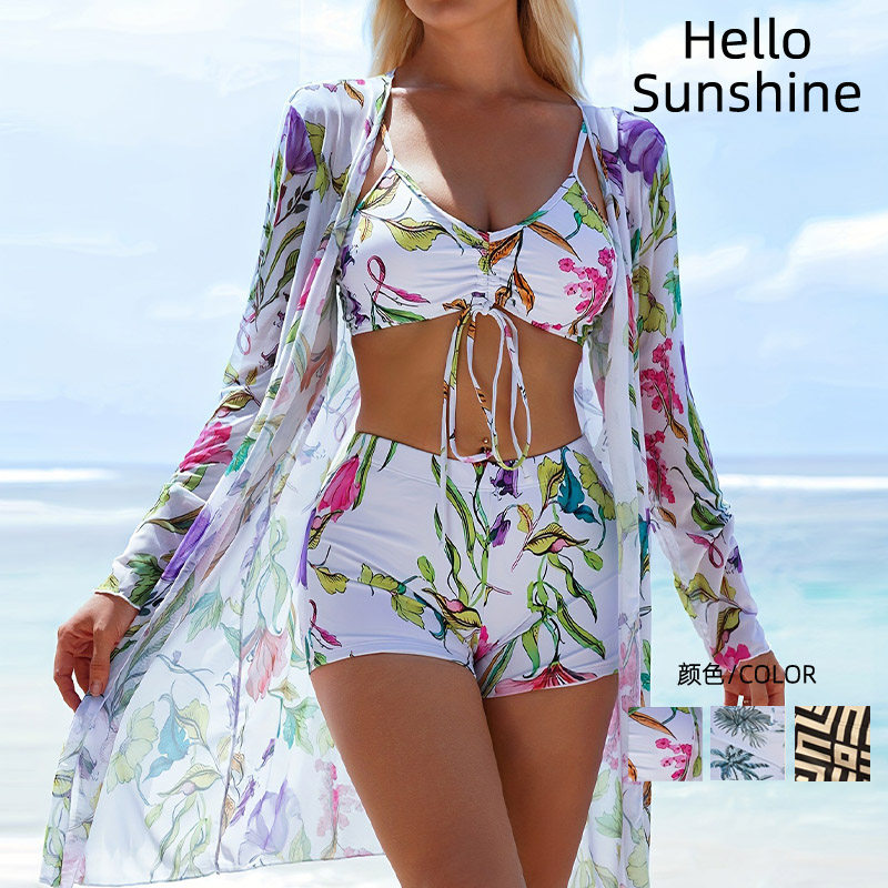 碎花罩衫蝴蝶结时尚平角裤比基尼三件套泳衣女分体沙滩游度假风