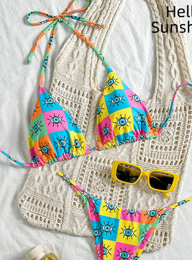 2025夏季新款印花丁字裤女士爆款比基尼度假碎花挂脖性感泳衣女