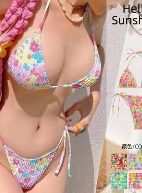 24新款性感纯欲风三角包泳衣女打揽碎花三点式绑带比基尼跨境套装