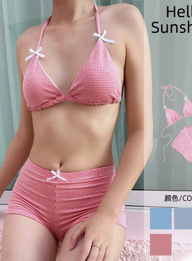 欧美蝴蝶结格子比基尼套装性感高腰平角短裤纯欲甜美风复古泳衣女
