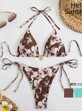 欧美新款性感双面比基尼印花挂脖系带bikini显瘦碎花泳衣女海边
