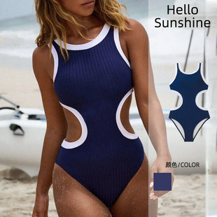 2026新款 拼接高领连体泳衣优雅复古比基尼 欧美镂空露背性感一体式