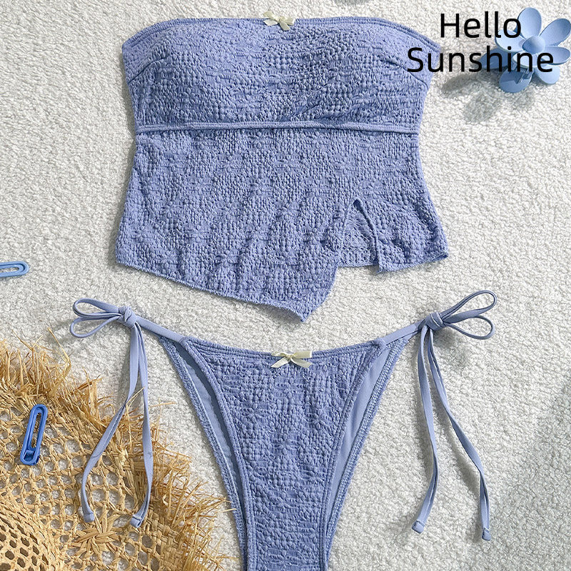 欧美新款露背抹胸蝴蝶结显瘦性感分体女士泳衣纯色高级感比基尼