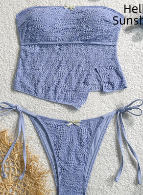 欧美新款露背抹胸蝴蝶结显瘦性感分体女士泳衣纯色高级感比基尼