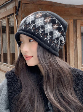 韩系复古淩格提花堆堆帽子女秋冬