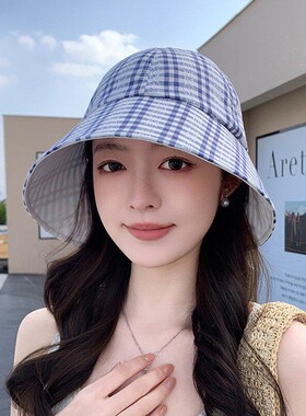 格纹显脸小防晒帽子遮阳太阳帽