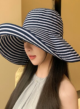 夏季可折叠渔夫帽子女2026新款条纹可卷大帽檐盆帽防紫外线遮阳帽