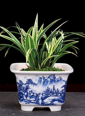 宜兴紫砂精品釉水花盆小号正方形白泥青花室内石湾盆景盆特价清仓