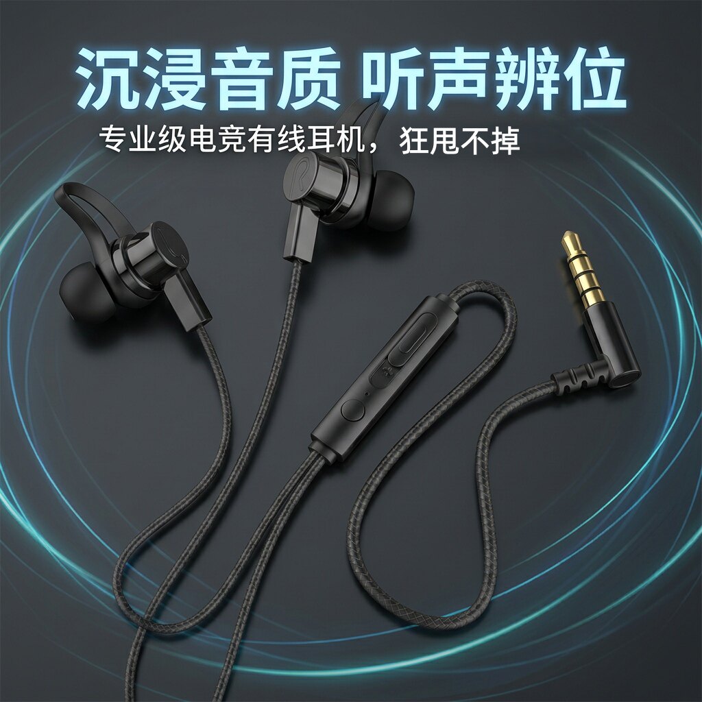 高音质半入耳式游戏线控通话圆口音频麦克风通用音乐手机有线耳机