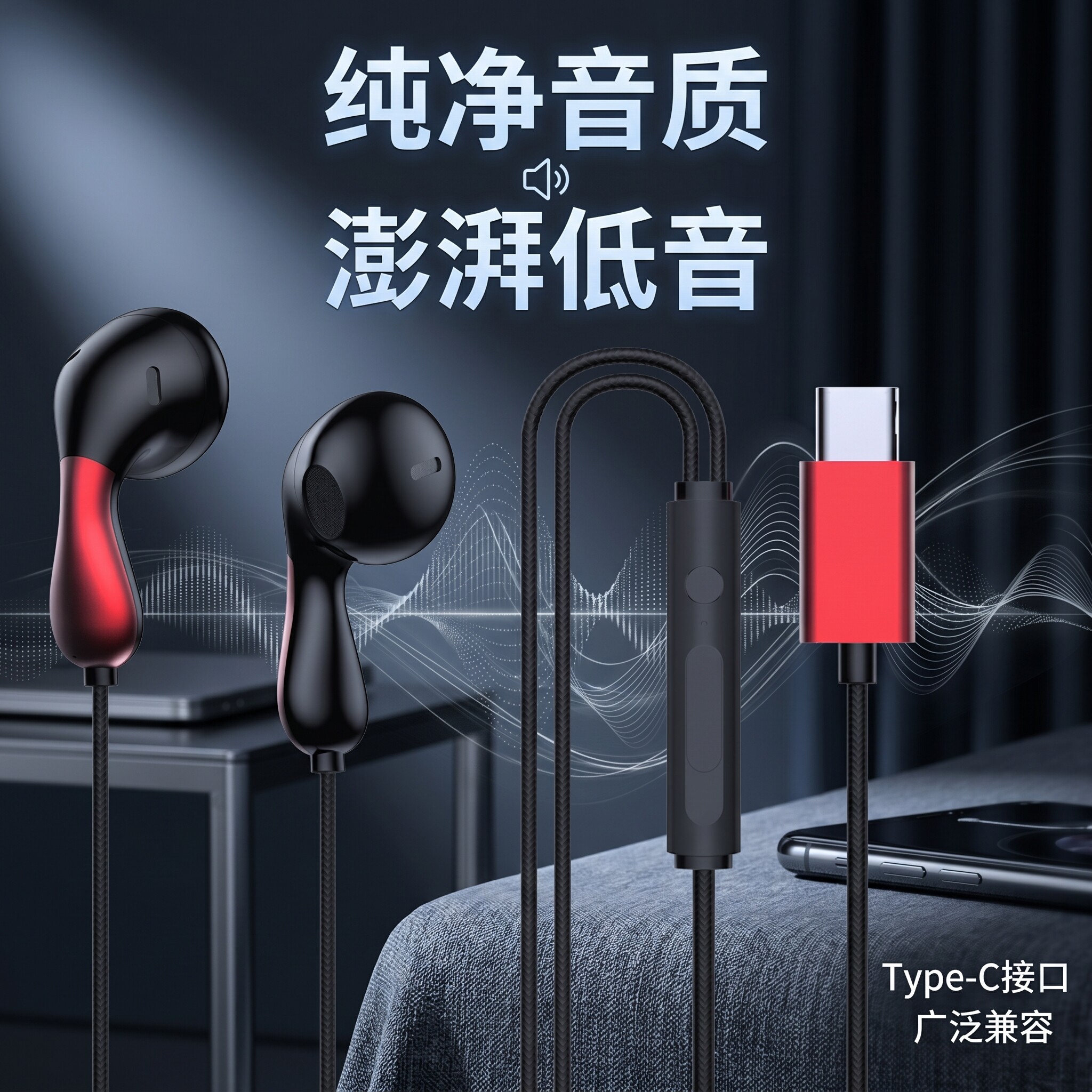 耳机有线3.5mm圆孔线控带麦半入耳式通用Type-C耳机游戏电竞游戏