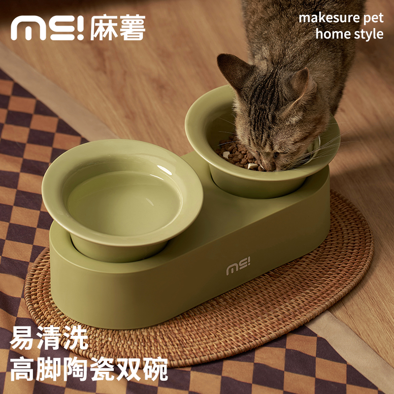 麻薯猫碗陶瓷双碗狗狗食盆高脚水碗保护颈椎宠物猫咪饭碗粮碗狗碗