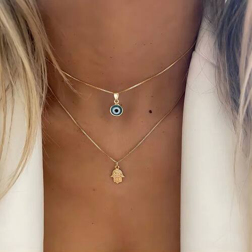Turkish Lucky Double Layer Palm Evil Eyes Pendant Necklace f