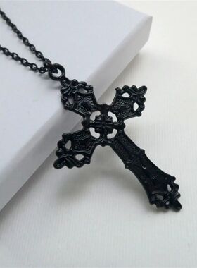 Gothic Punk Black Hollow Out Relief Pattern Cross Pendant Ne