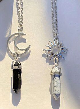 2-Pc Retro Sun Moon Couple Necklace Set with Hexagonal Cryst